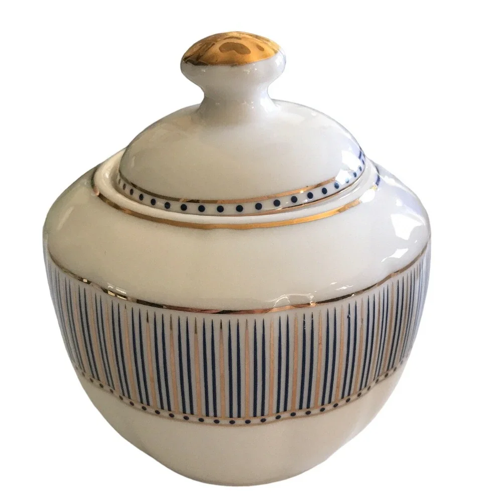 Grace's Teaware Porcelain Cream & Sugar Set Tea Serving‎ White Blue Gold Stripes